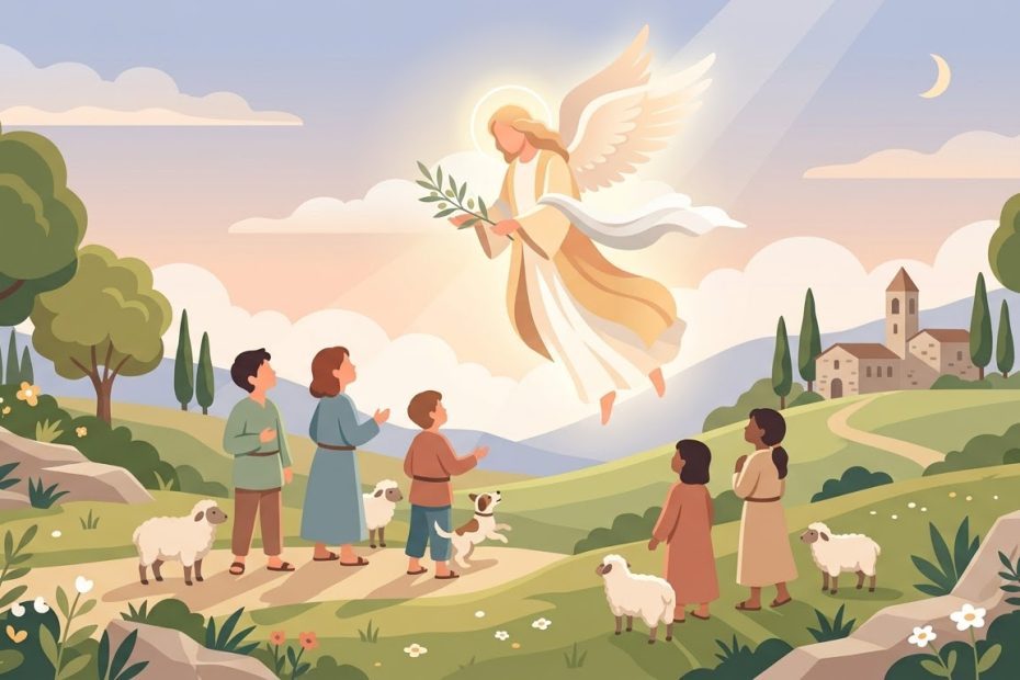L'Apparizione dell'Angelo della Pace - un angelo luminoso che tiene un ramoscello d'ulivo apparendo a bambini pastori